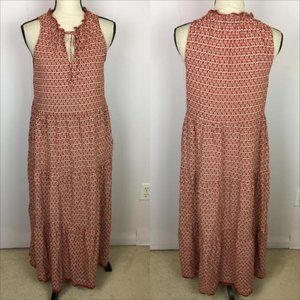 Max Studio Midi Dress Size L Womans Red White Rayon Sleeveless Tiered Ruffle